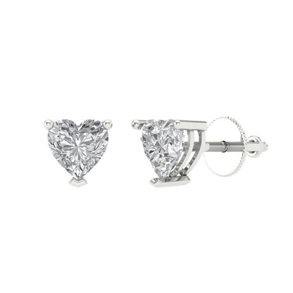 1 ctw Zirconia Diamond Studs Earrings | 5mm Heart Cut White Gold Screw back | April Birthstone
