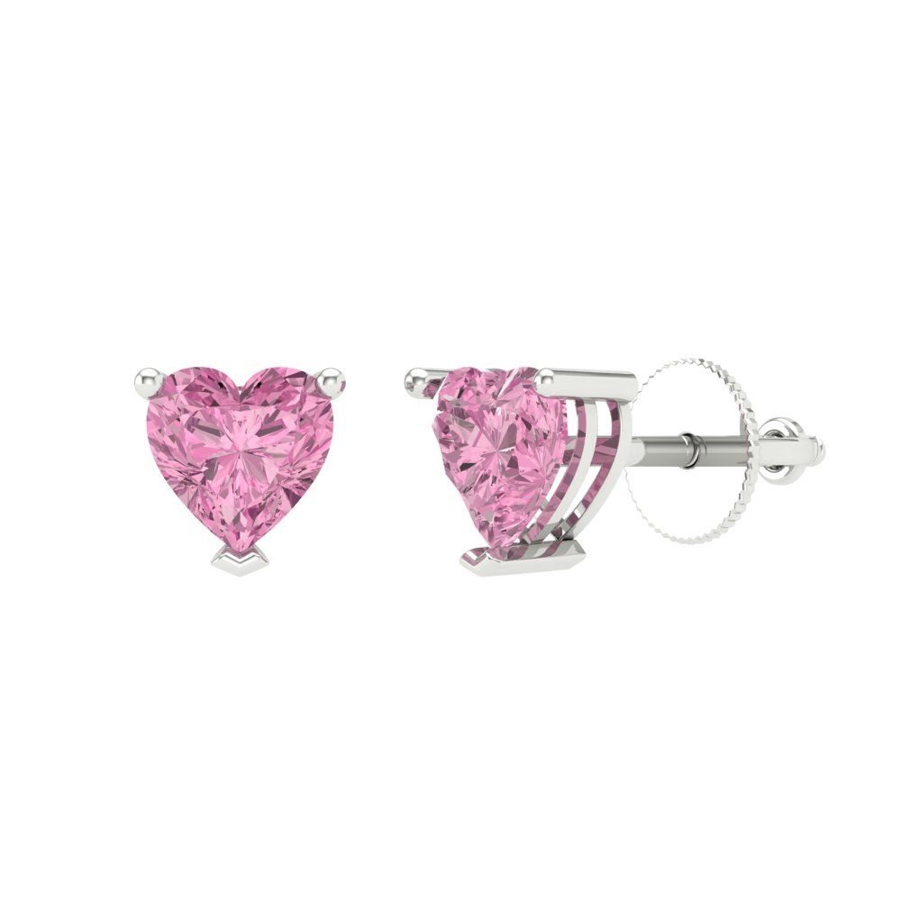 1 ctw Pink Zirconia Studs Earrings | 5mm Heart Cut White Gold Screw back | April Birthstone