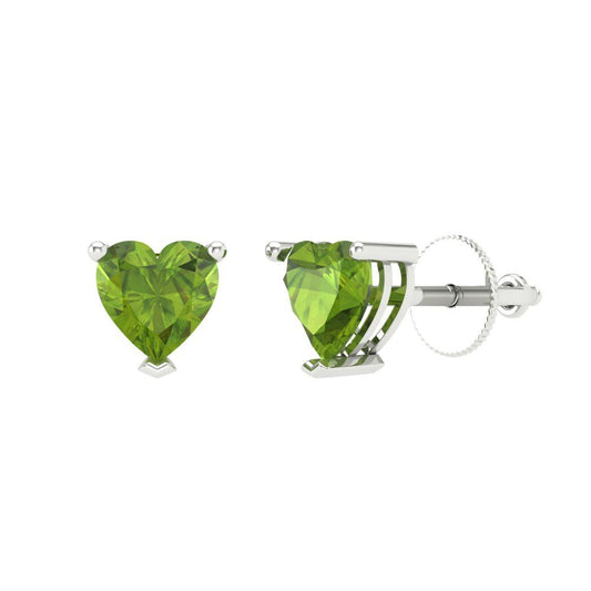 1 ctw Peridot Studs Earrings | 5mm Heart Cut White Gold Screw back | August Birthstone