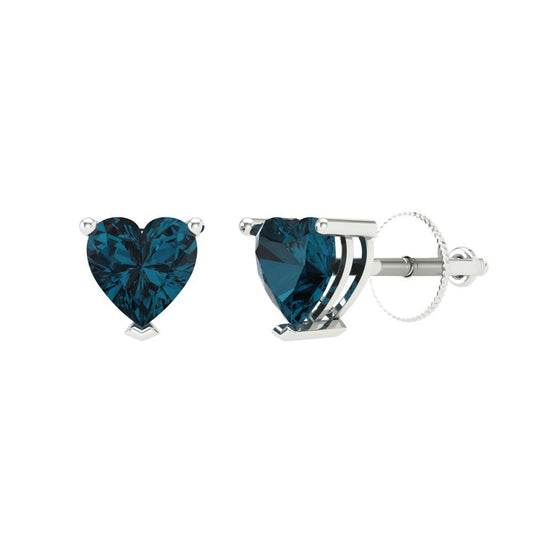 1 ctw London Blue Topaz Studs Earrings | 5mm Heart Cut White Gold Screw back | December Birthstone