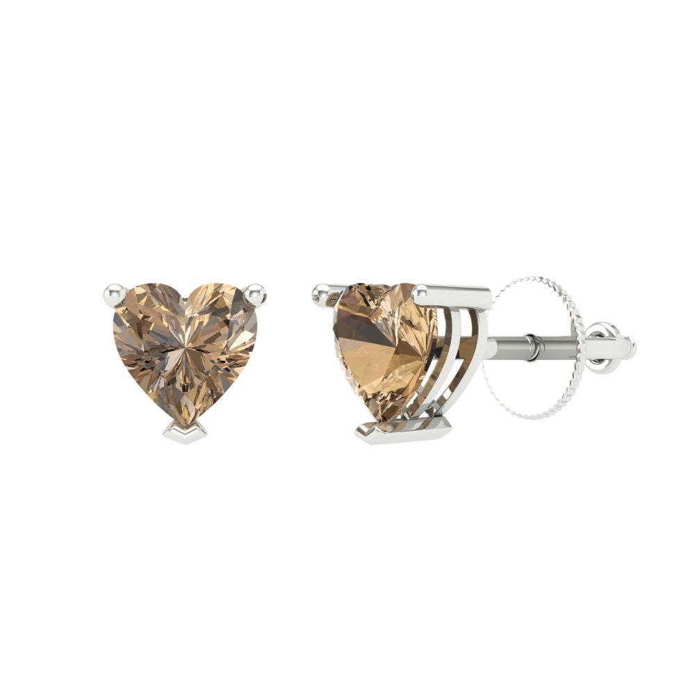 1 ctw Champagne Studs Earrings | 5mm Heart Cut White Gold Screw back | April Birthstone