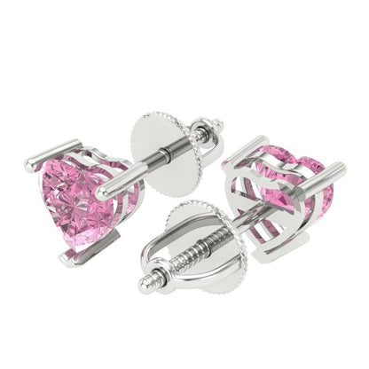 1 ctw Pink Zirconia Studs Earrings | 5mm Heart Cut White Gold Screw back | April Birthstone