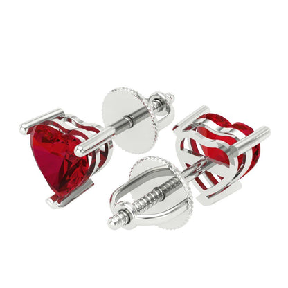 1 ctw Ruby Studs Earrings | 5mm Heart Cut White Gold Screw back | July Birthstone