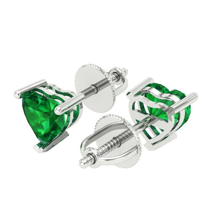 1 ctw Emerald Studs Earrings | 5mm Heart Cut White Gold Screw back | May Birthstone