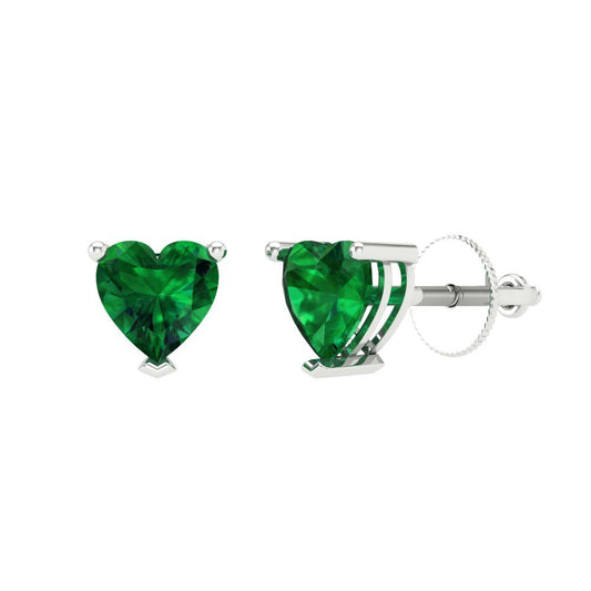 1.5 ctw Emerald Studs Earrings | 6.0mm Heart Cut White Gold Screw back | May Birthstone