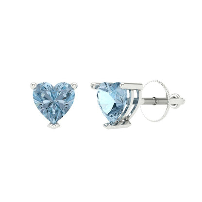 1.5 ctw Blue Zirconia Studs Earrings | 6.0mm Heart Cut White Gold Screw back | April Birthstone