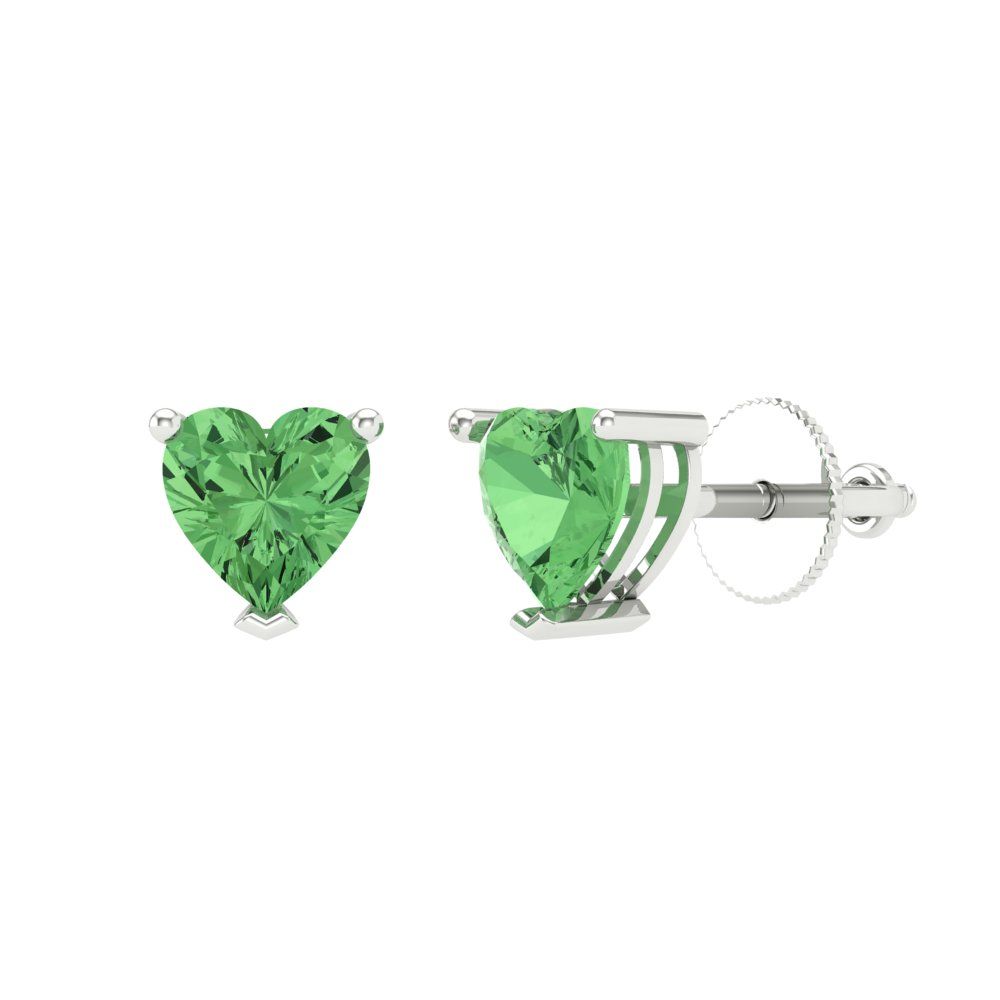1.5 ctw Green Zirconia Studs Earrings | 6.0mm Heart Cut White Gold Screw back | April Birthstone