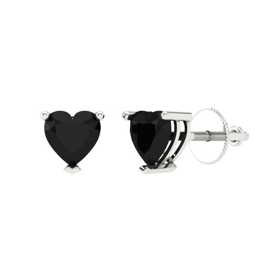 1.5 ctw Onyx Studs Earrings | 6.0mm Heart Cut White Gold Screw back | July Birthstone