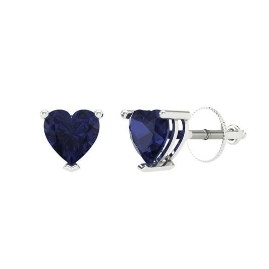 1.5 ctw Blue Sapphire Studs Earrings | 6.0mm Heart Cut White Gold Screw back | September Birthstone