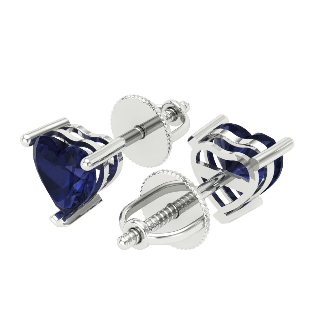 1.5 ctw Blue Sapphire Studs Earrings | 6.0mm Heart Cut White Gold Screw back | September Birthstone