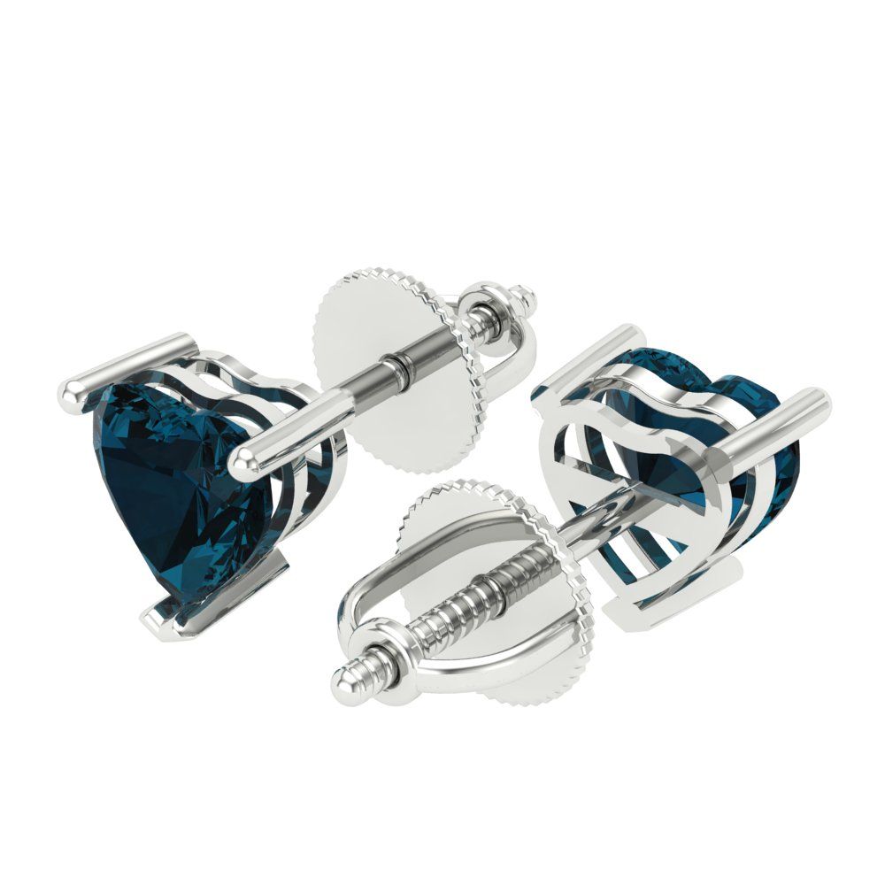 1.5 ctw London Blue Topaz Studs Earrings | 6.0mm Heart Cut White Gold Screw back | December Birthstone