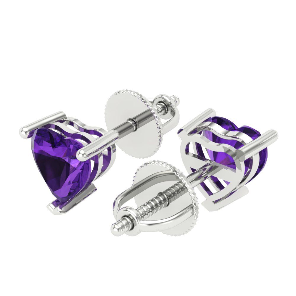 1.5 ctw Amethyst Studs Earrings | 6.0mm Heart Cut White Gold Screw back | February Birthstone