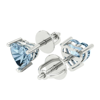 1.5 ctw Blue Zirconia Studs Earrings | 6.0mm Heart Cut White Gold Screw back | April Birthstone