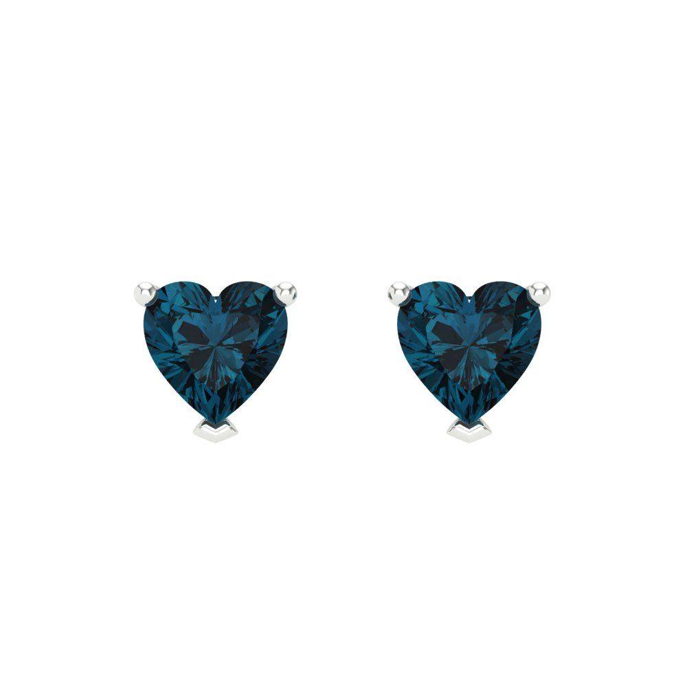 1.5 ctw London Blue Topaz Studs Earrings | 6.0mm Heart Cut White Gold Screw back | December Birthstone