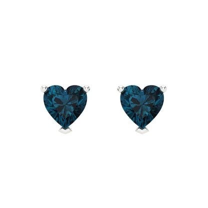 1.5 ctw London Blue Topaz Studs Earrings | 6.0mm Heart Cut White Gold Screw back | December Birthstone