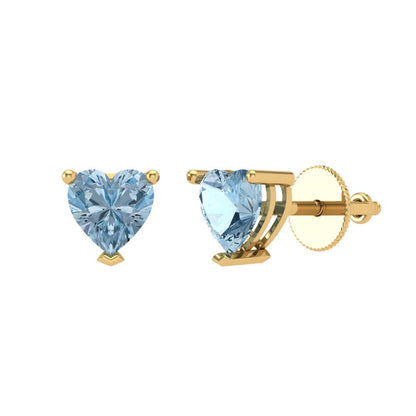 1 ctw Sky Blue Topaz Studs Earrings | 5mm Heart Cut White Gold Screw back | December Birthstone