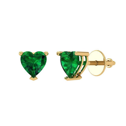 1 ctw Emerald Studs Earrings | 5mm Heart Cut White Gold Screw back | May Birthstone
