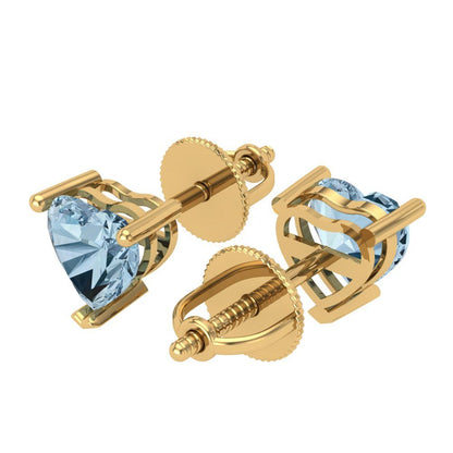 1 ctw Swiss Blue Topaz Studs Earrings | 5mm Heart Cut White Gold Screw back | December Birthstone