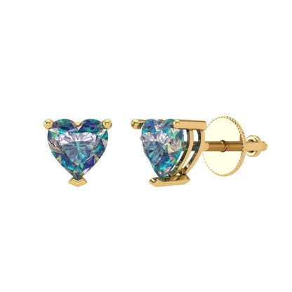 1.5 ctw Blue Moissanite Studs Earrings | 6.0mm Heart Cut White Gold Screw back | April Birthstone