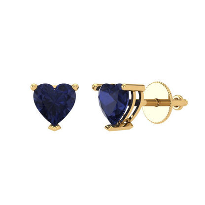 1.5 ctw Blue Sapphire Studs Earrings | 6.0mm Heart Cut White Gold Screw back | September Birthstone