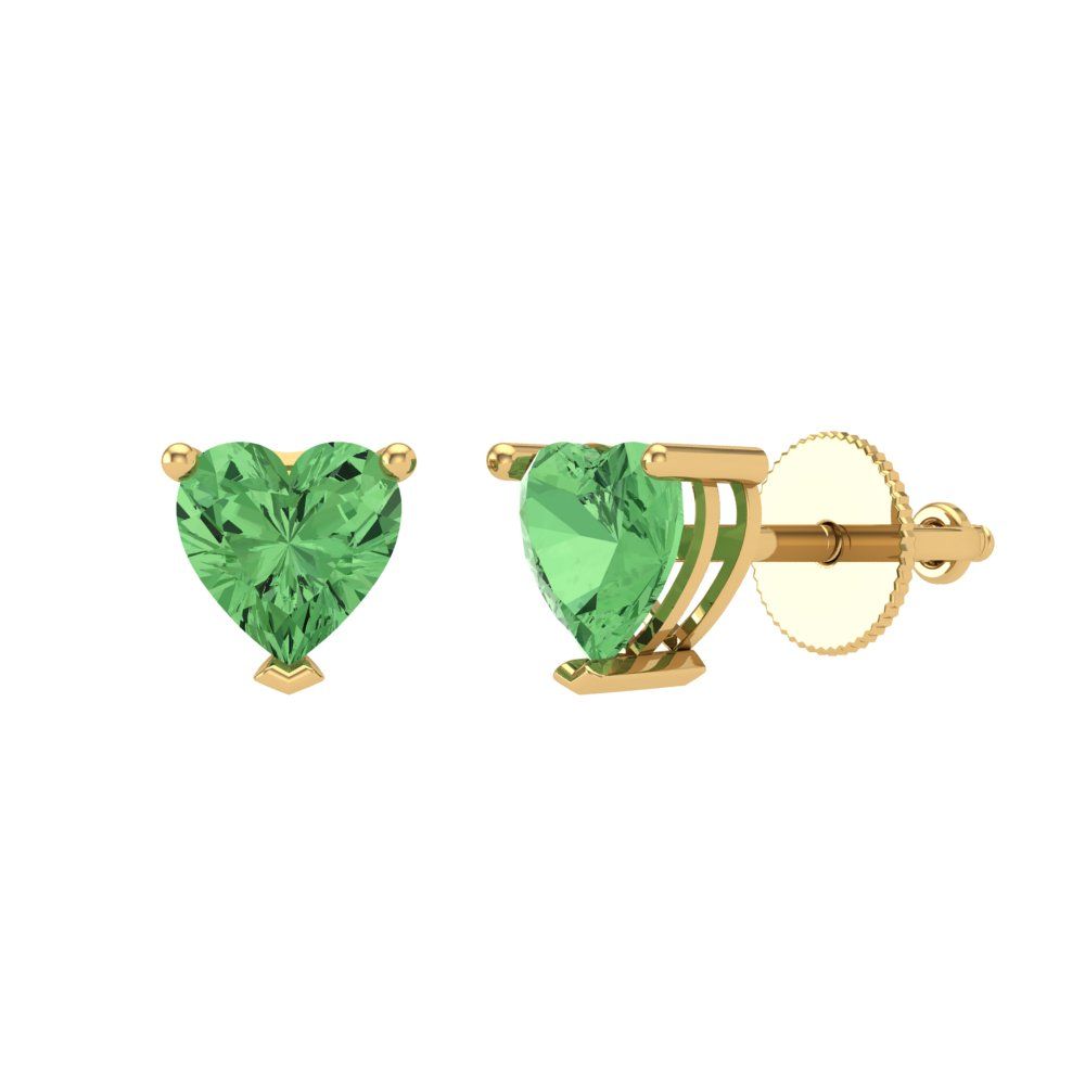 1.5 ctw Green Zirconia Studs Earrings | 6.0mm Heart Cut White Gold Screw back | April Birthstone