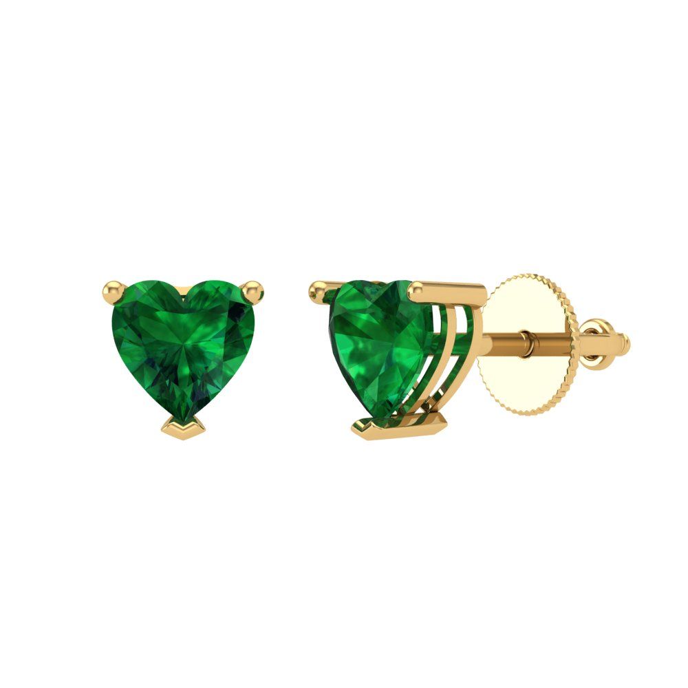 1.5 ctw Emerald Studs Earrings | 6.0mm Heart Cut White Gold Screw back | May Birthstone