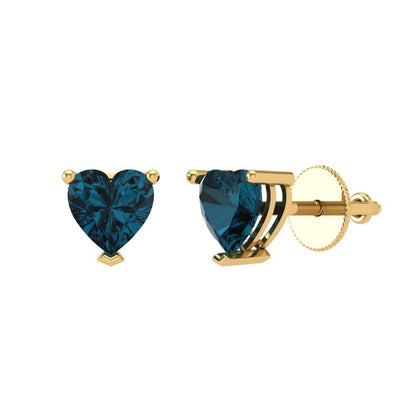 1.5 ctw London Blue Topaz Studs Earrings | 6.0mm Heart Cut White Gold Screw back | December Birthstone