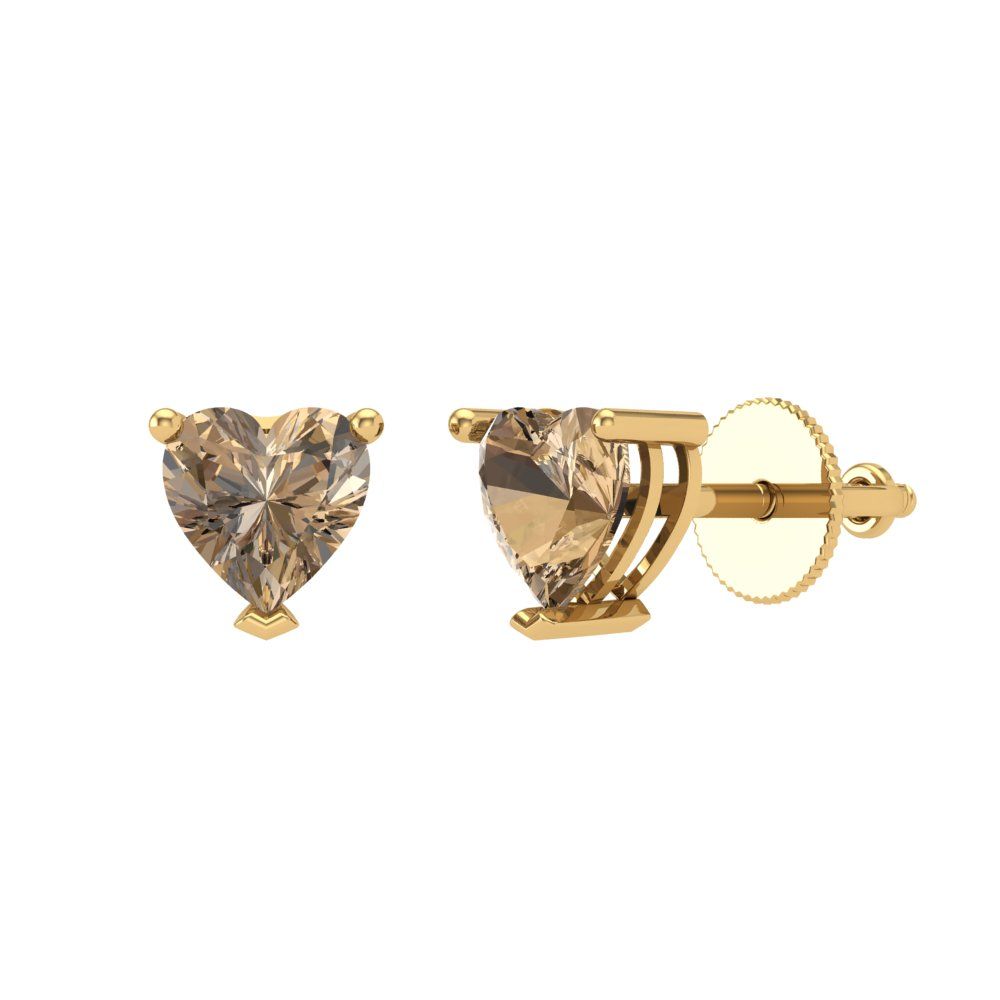 1.5 ctw Champagne Studs Earrings | 6.0mm Heart Cut White Gold Screw back | April Birthstone