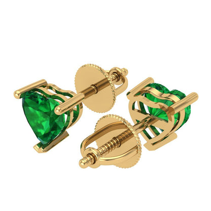 1.5 ctw Emerald Studs Earrings | 6.0mm Heart Cut White Gold Screw back | May Birthstone