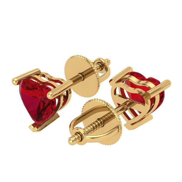 1.5 ct Brilliant Heart Cut Studs Simulated Ruby Stone Yellow Gold Earrings Screw back