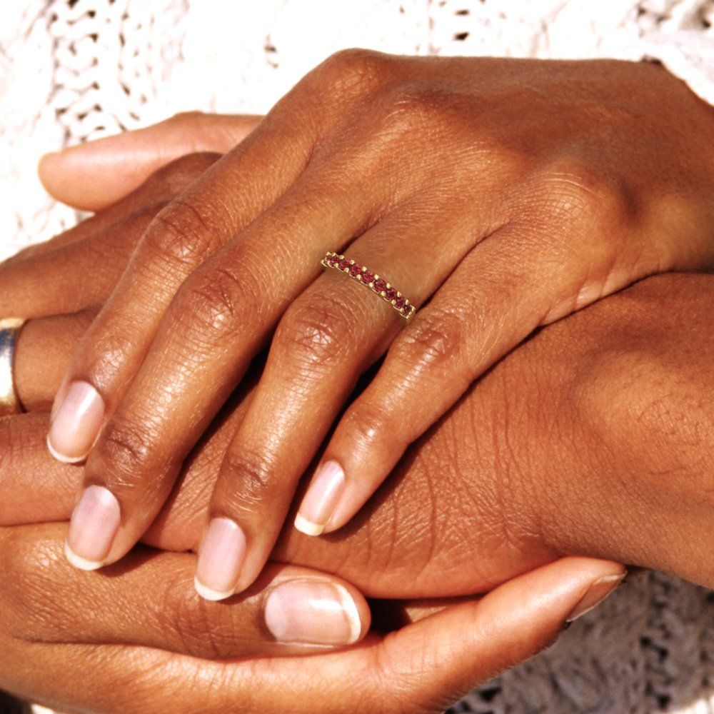 0.63 cttw Natural Garnet Round Cut Yellow Gold Eternity Wedding Band