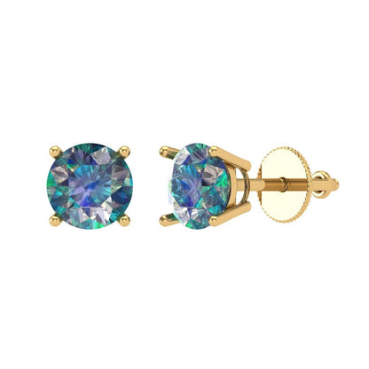 2 ctw Blue Moissanite Studs Earrings | 6.5mm Round Cut White Gold Screw back | April Birthstone