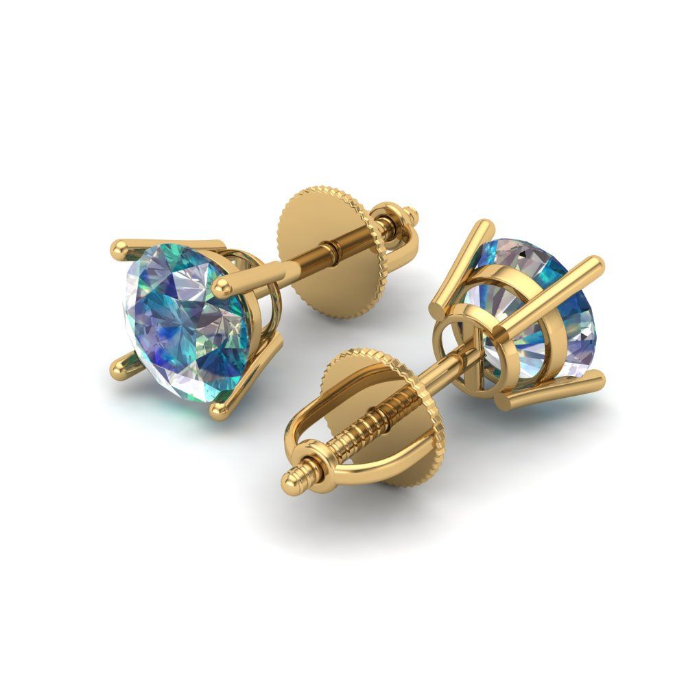 2 ctw Blue Moissanite Studs Earrings | 6.5mm Round Cut White Gold Screw back | April Birthstone