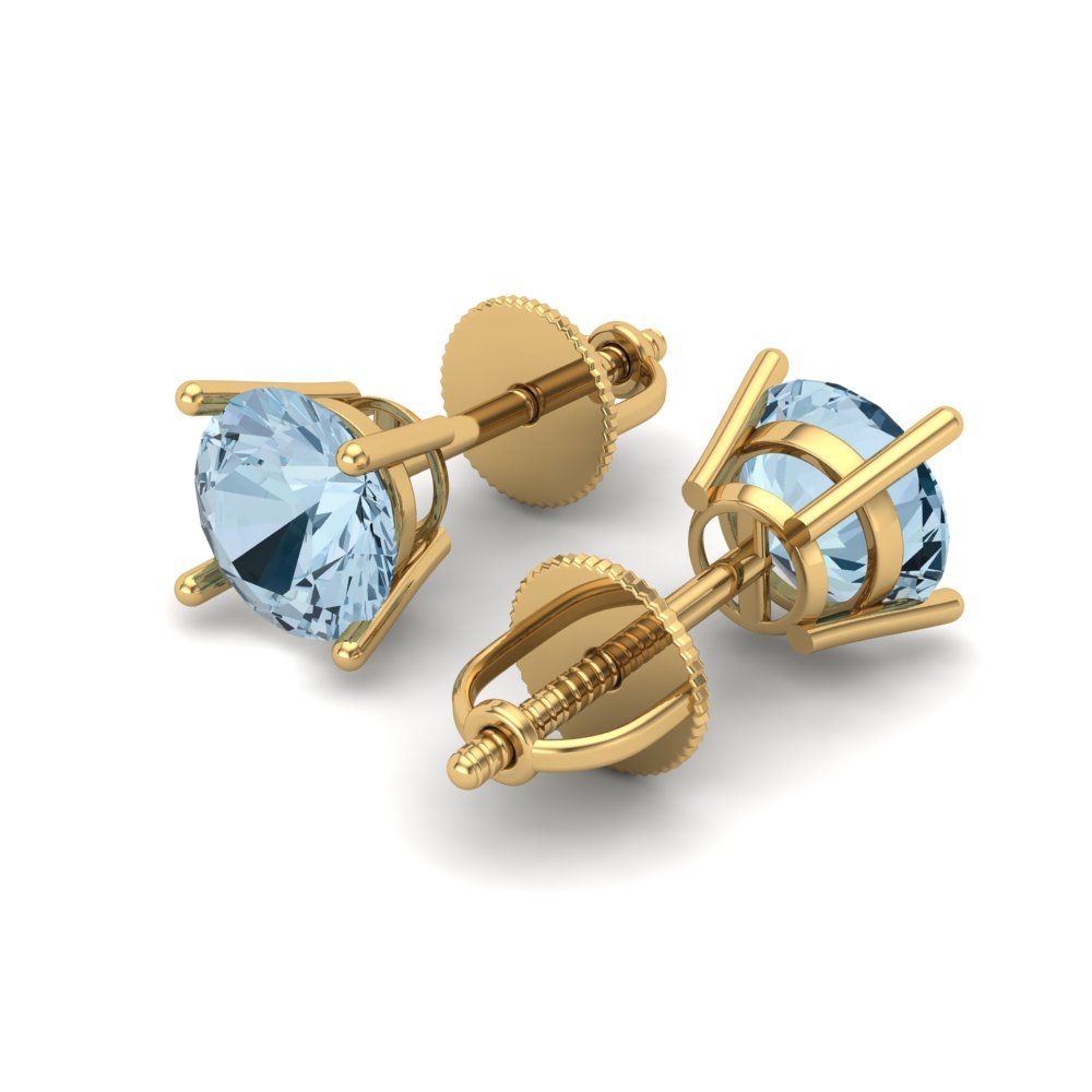 2 ctw Aquamarine Studs Earrings | 6.5mm Round Cut White Gold Screw back | March Birthstone