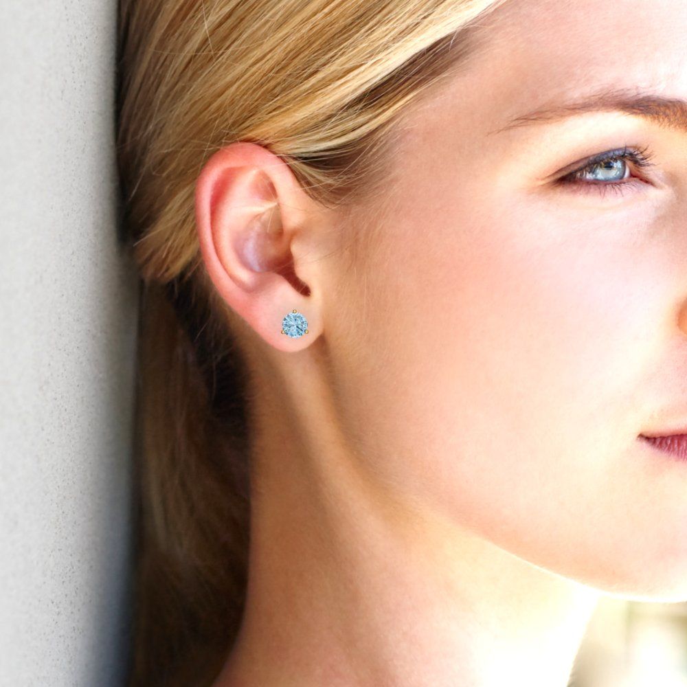 2 ctw Aquamarine Studs Earrings | 6.5mm Round Cut White Gold Screw back | March Birthstone