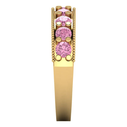 0.81 cttw Simulated Pink Diamond Round Cut Yellow Gold Eternity Wedding Band