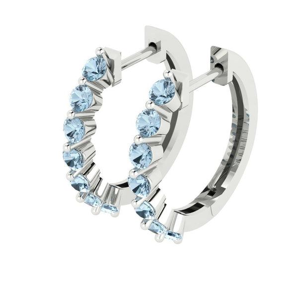 0.7 ct Brilliant Round Cut Hoop Natural Swiss Blue Topaz Stone White Gold Earrings Lever Back