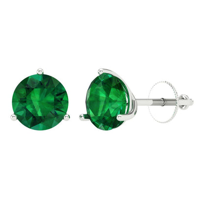 4 ctw Emerald Studs Earrings | 8.0mm Round Cut White Gold Screw back | May Birthstone