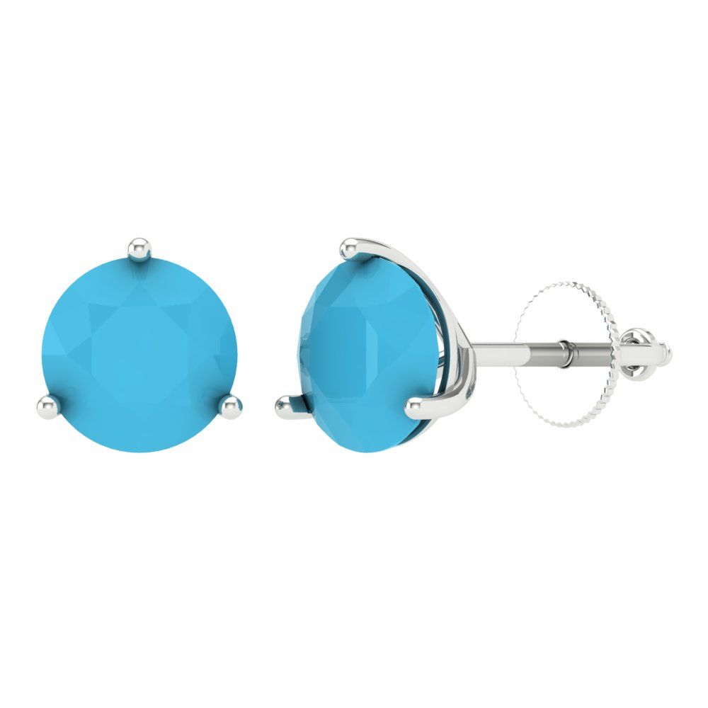 4 ctw Turquoise Studs Earrings | 8.0mm Round Cut White Gold Screw back | December Birthstone