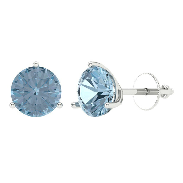 4 ct Brilliant Round Cut Solitaire Studs Natural Aquamarine Stone White Gold Earrings Screw back