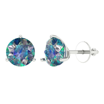 4 ctw Blue Moissanite Studs Earrings | 8.0mm Round Cut White Gold Screw back | April Birthstone