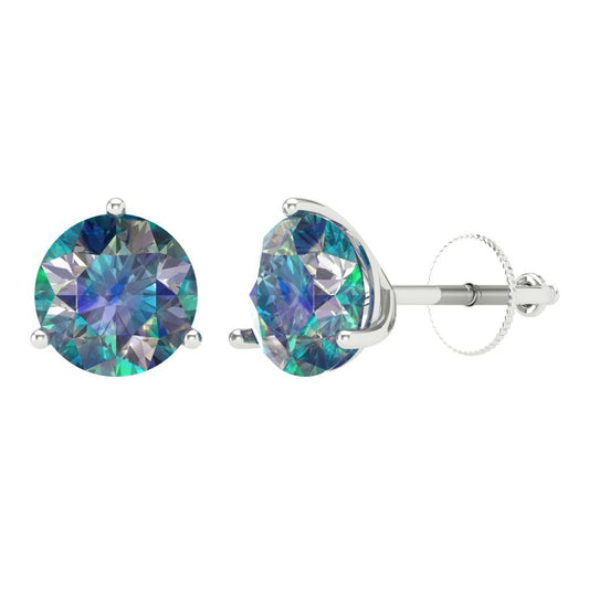 4 ctw Blue Moissanite Studs Earrings | 8.0mm Round Cut White Gold Screw back | April Birthstone