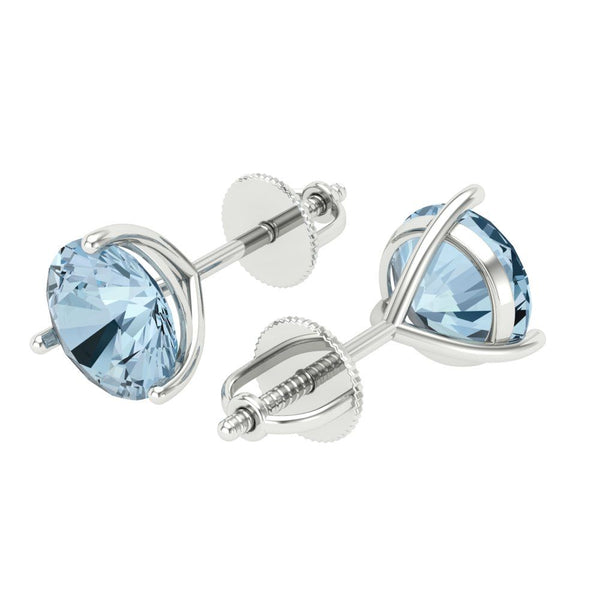 4 ct Brilliant Round Cut Solitaire Studs Natural Aquamarine Stone White Gold Earrings Screw back