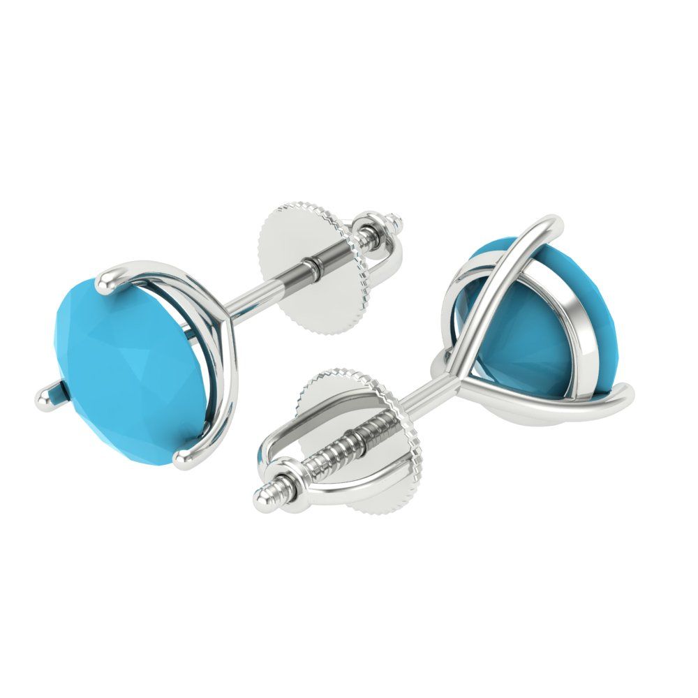 4 ctw Turquoise Studs Earrings | 8.0mm Round Cut White Gold Screw back | December Birthstone