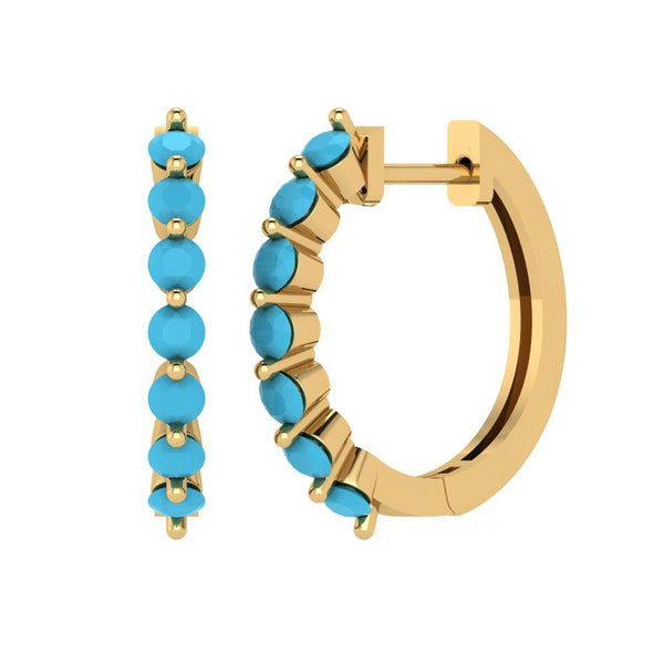 0.7 ct Brilliant Round Cut Hoop Simulated Turquoise Stone Yellow Gold Earrings Lever Back