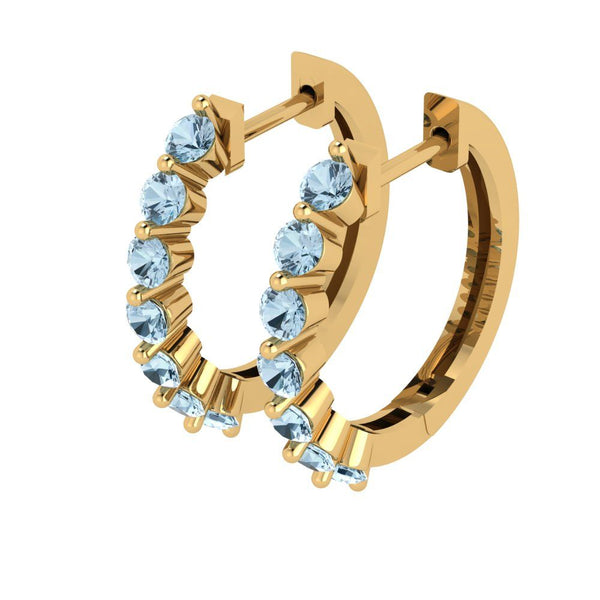 0.7 ct Brilliant Round Cut Hoop Natural Sky Blue Topaz Stone Yellow Gold Earrings Lever Back