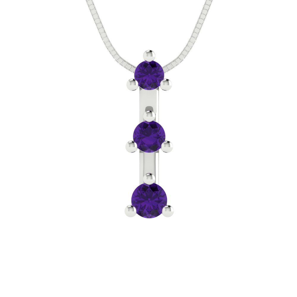 0.21 tcw Necklace Pendant - 14K White Gold Round Cut Charm Amethyst - Adjustable Length - 15in Box Chain to 18in