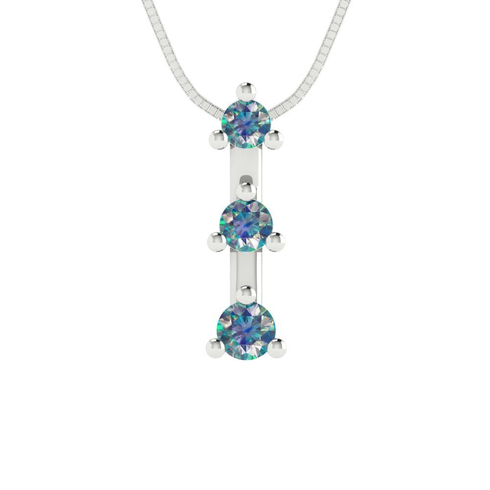 0.21 tcw Necklace Pendant - 14K White Gold Round Cut Charm Blue Moissanite - Adjustable Length - 15in Box Chain to 18in