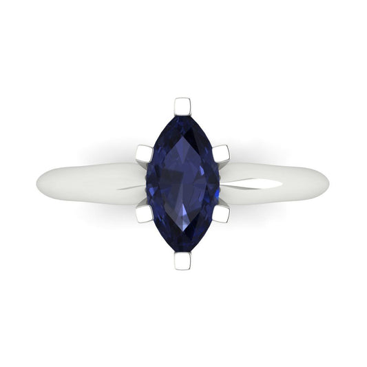 1 cttw Simulated Blue Sapphire Solitaire  Engagement Ring - Solid White Gold  (VVS1, Marquise Cut,10x5mm)