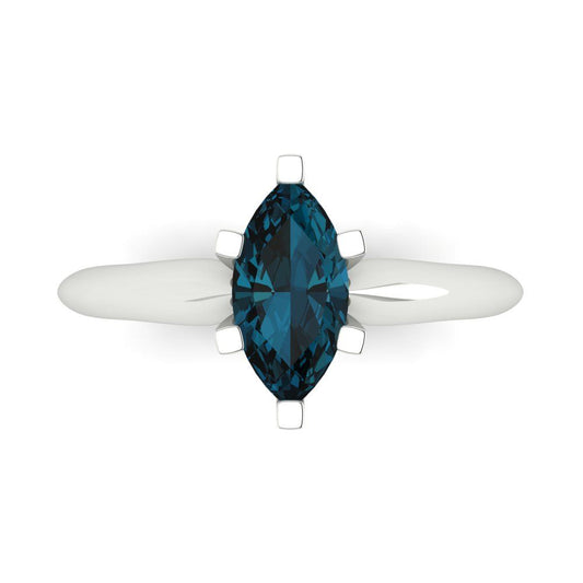 1 cttw Natural London Blue Topaz Solitaire  Engagement Ring - Solid White Gold  (VVS1, Marquise Cut,10x5mm)